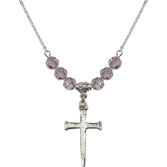 Sterling Silver Nail Cross Birthstone Necklace with Light Amethyst Beads - 0085