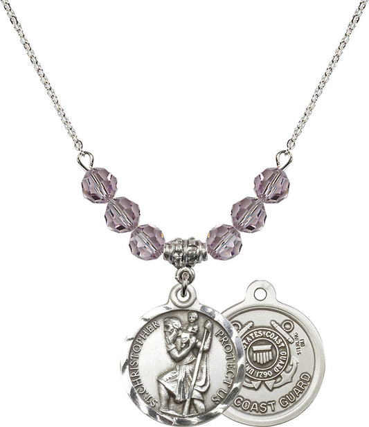 Sterling Silver Saint Christopher / Coast Guard Birthstone Necklace with Light Amethyst Beads - 0192