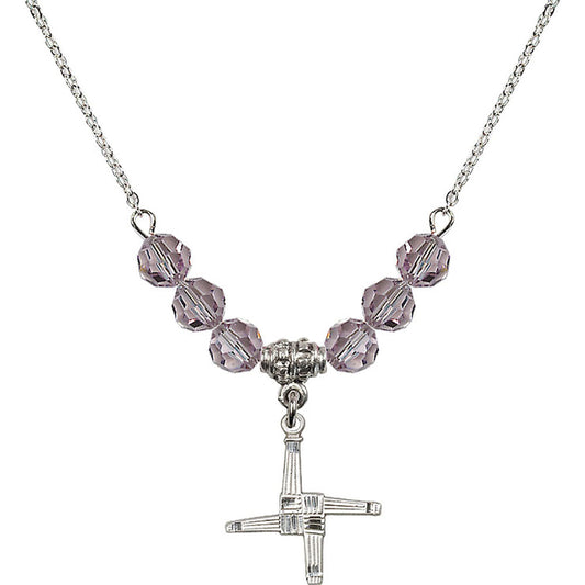 Sterling Silver Saint Brigid Cross Birthstone Necklace with Light Amethyst Beads - 0290