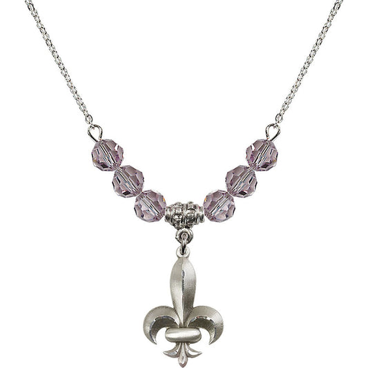 Sterling Silver Fleur de Lis Birthstone Necklace with Light Amethyst Beads - 0294