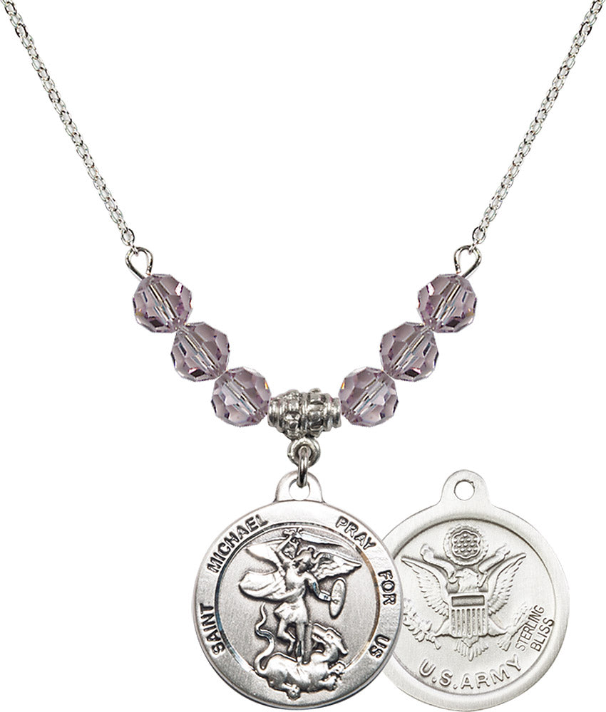 Sterling Silver Saint Michael / Army Birthstone Necklace with Light Amethyst Beads - 0342