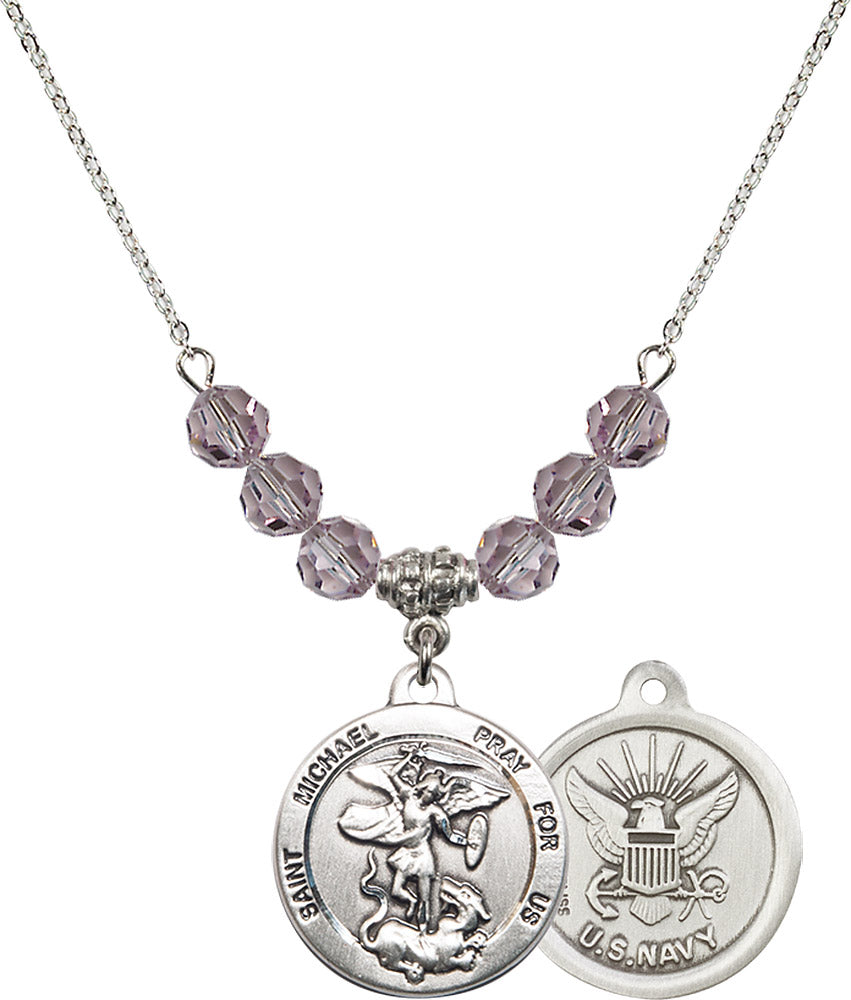 Sterling Silver Saint Michael / Navy Birthstone Necklace with Light Amethyst Beads - 0342
