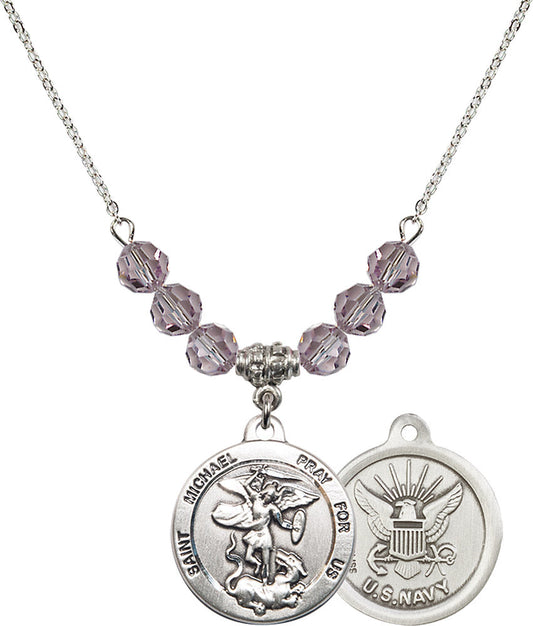 Sterling Silver Saint Michael / Navy Birthstone Necklace with Light Amethyst Beads - 0342