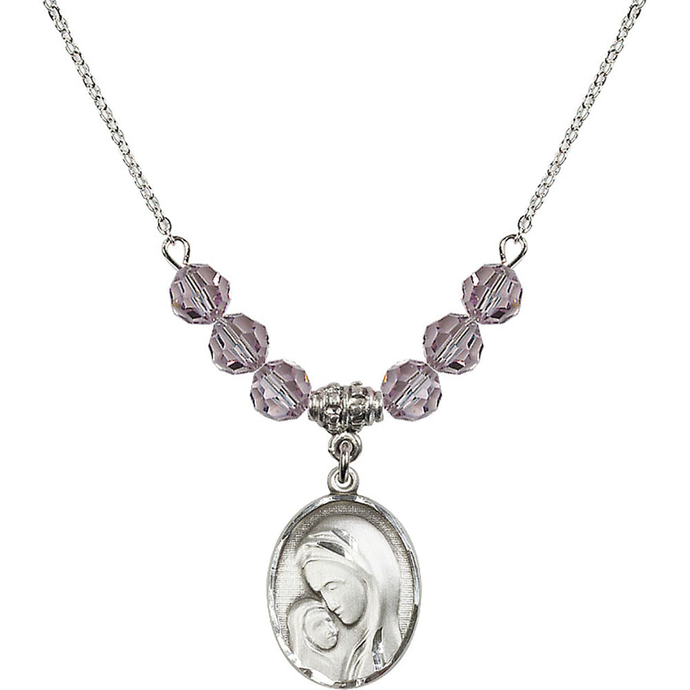 Sterling Silver Madonna & Child Birthstone Necklace with Light Amethyst Beads - 0447
