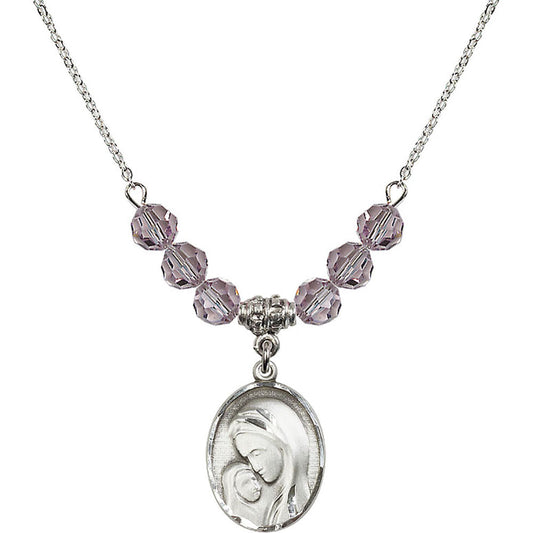 Sterling Silver Madonna & Child Birthstone Necklace with Light Amethyst Beads - 0447