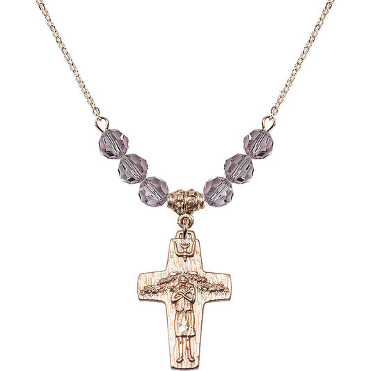 14kt Gold Filled Papal Crucifix Birthstone Necklace with Light Amethyst Beads - 0569