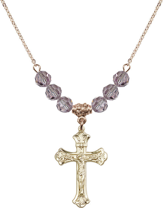 14kt Gold Filled Crucifix Birthstone Necklace with Light Amethyst Beads - 0622