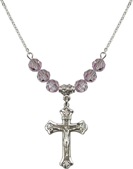Sterling Silver Crucifix Birthstone Necklace with Light Amethyst Beads - 0622
