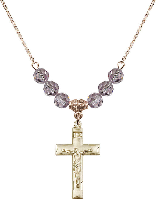 14kt Gold Filled Crucifix Birthstone Necklace with Light Amethyst Beads - 0624