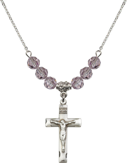Sterling Silver Crucifix Birthstone Necklace with Light Amethyst Beads - 0624