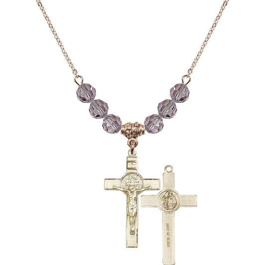 14kt Gold Filled Saint Benedict Crucifix Birthstone Necklace with Light Amethyst Beads - 0625