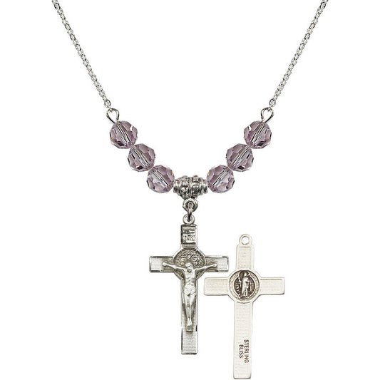 Sterling Silver Saint Benedict Crucifix Birthstone Necklace with Light Amethyst Beads - 0625