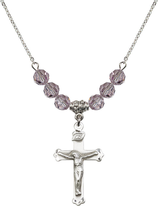 Sterling Silver Crucifix Birthstone Necklace with Light Amethyst Beads - 0651