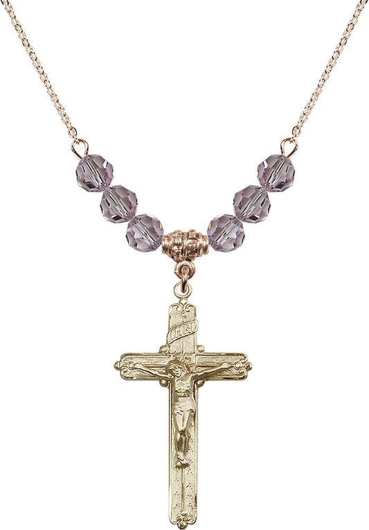 14kt Gold Filled Crucifix Birthstone Necklace with Light Amethyst Beads - 0655
