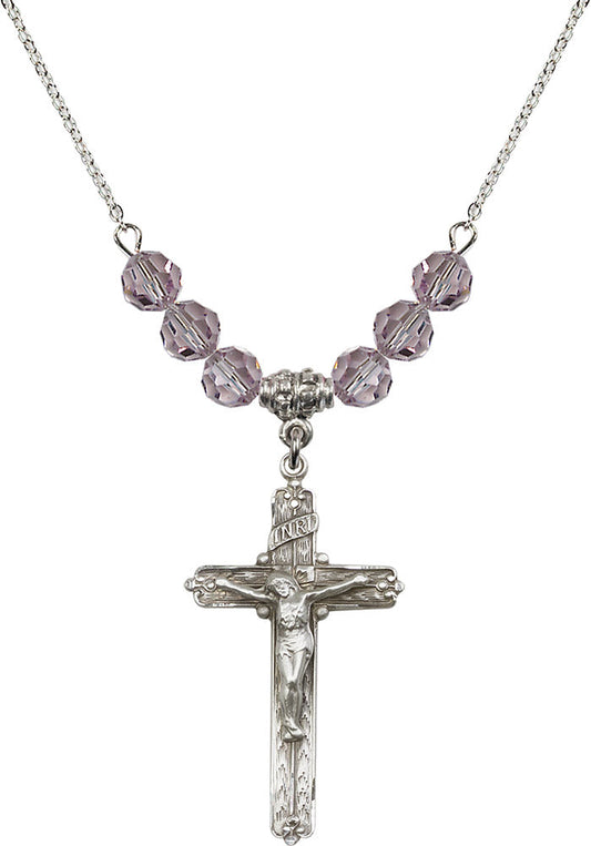 Sterling Silver Crucifix Birthstone Necklace with Light Amethyst Beads - 0655