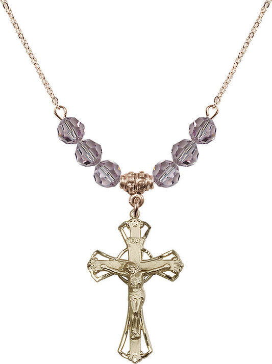14kt Gold Filled Crucifix Birthstone Necklace with Light Amethyst Beads - 0659