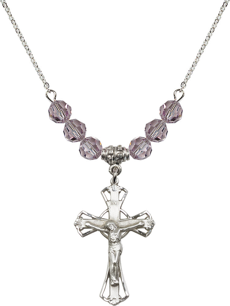 Sterling Silver Crucifix Birthstone Necklace with Light Amethyst Beads - 0659