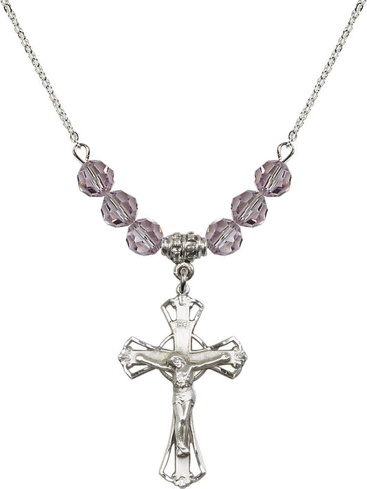 Sterling Silver Crucifix Birthstone Necklace with Light Amethyst Beads - 0659