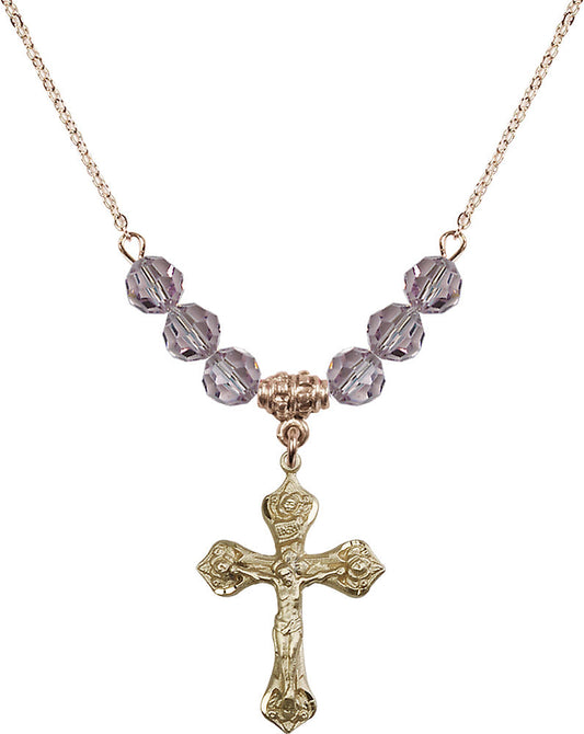 14kt Gold Filled Crucifix Birthstone Necklace with Light Amethyst Beads - 0662