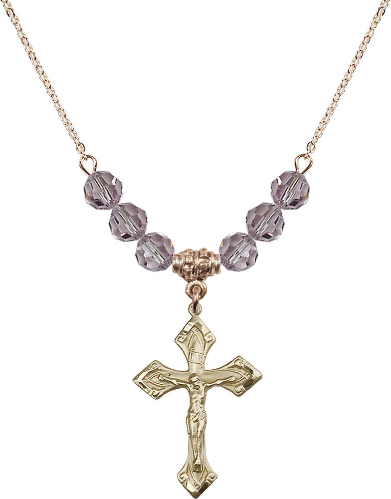 14kt Gold Filled Crucifix Birthstone Necklace with Light Amethyst Beads - 0663