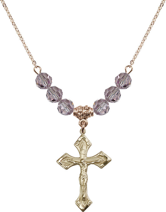 14kt Gold Filled Crucifix Birthstone Necklace with Light Amethyst Beads - 0663