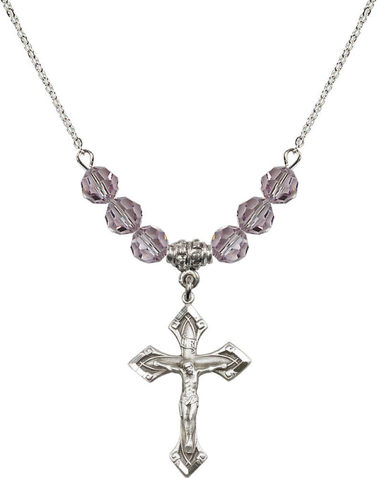 Sterling Silver Crucifix Birthstone Necklace with Light Amethyst Beads - 0663