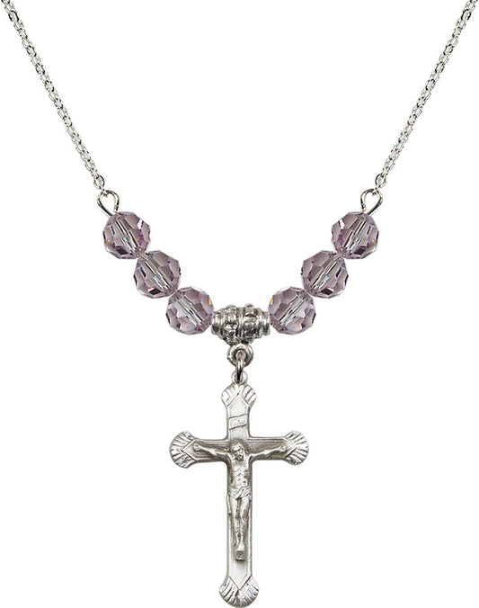 Sterling Silver Crucifix Birthstone Necklace with Light Amethyst Beads - 0664