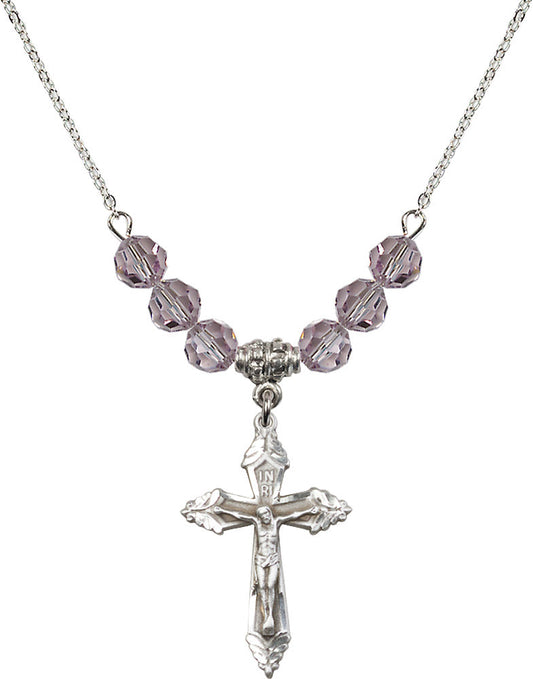 Sterling Silver Crucifix Birthstone Necklace with Light Amethyst Beads - 0665