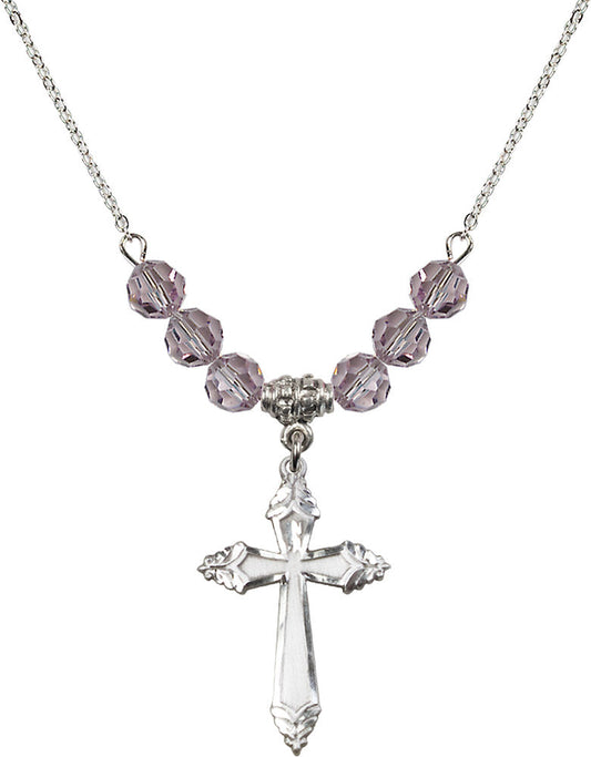Sterling Silver Cross Birthstone Necklace with Light Amethyst Beads - 0665