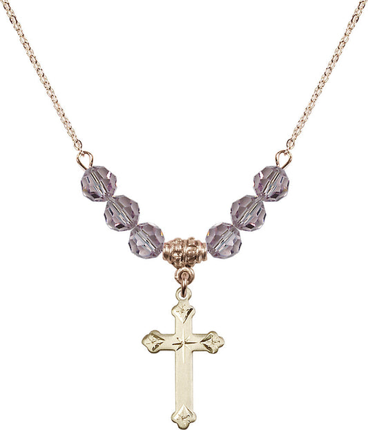 14kt Gold Filled Cross Birthstone Necklace with Light Amethyst Beads - 0667