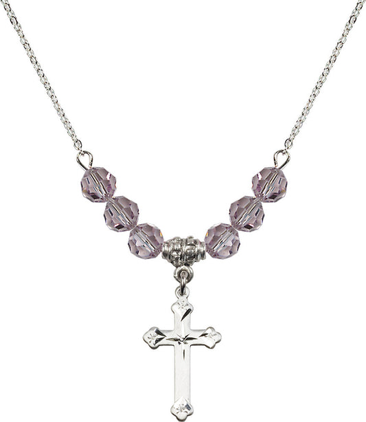 Sterling Silver Cross Birthstone Necklace with Light Amethyst Beads - 0667