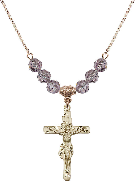 14kt Gold Filled Crucifix Birthstone Necklace with Light Amethyst Beads - 0668