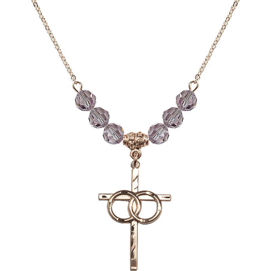 14kt Gold Filled Wedding Rings Cross Birthstone Necklace with Light Amethyst Beads - 0671