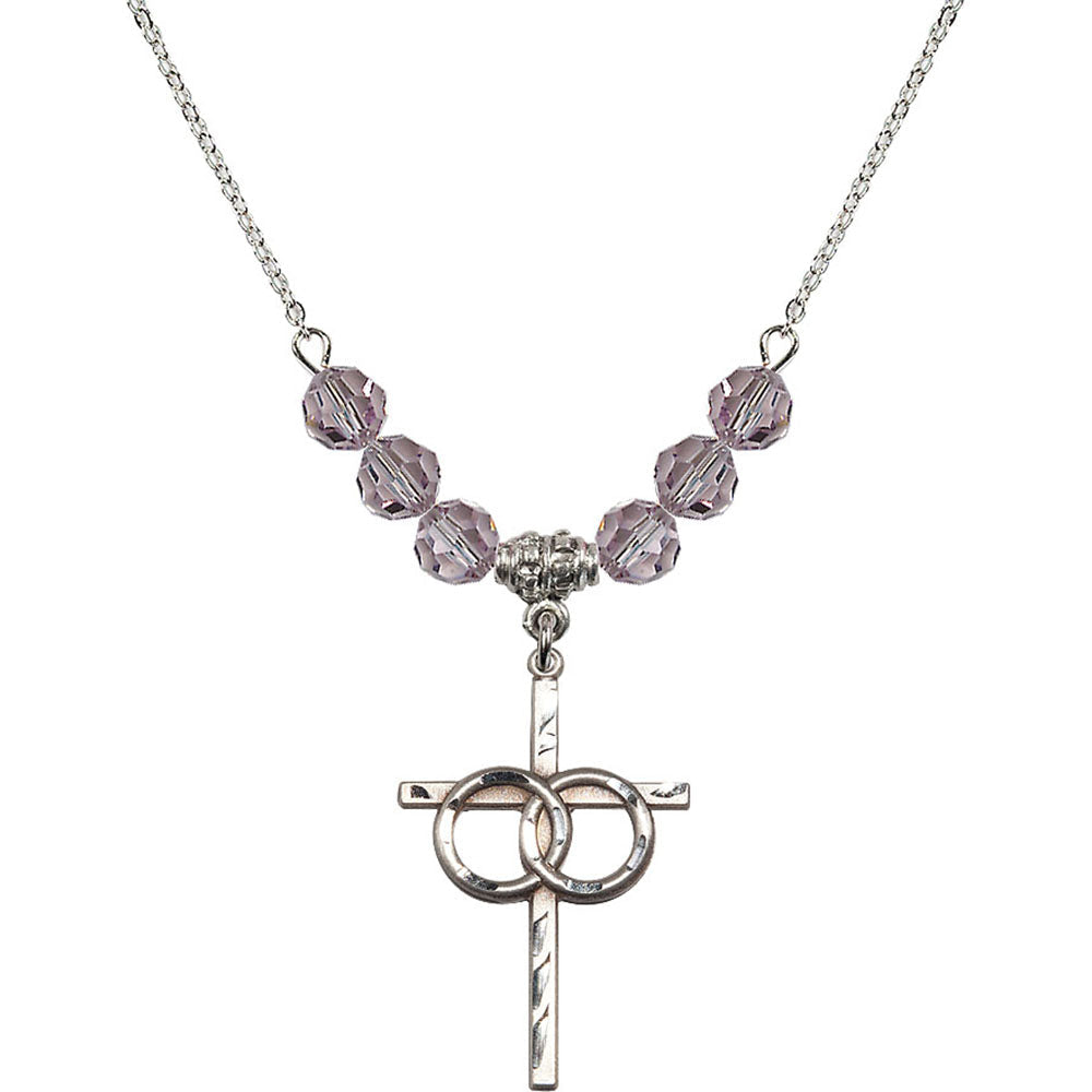 Sterling Silver Wedding Rings Cross Birthstone Necklace with Light Amethyst Beads - 0671