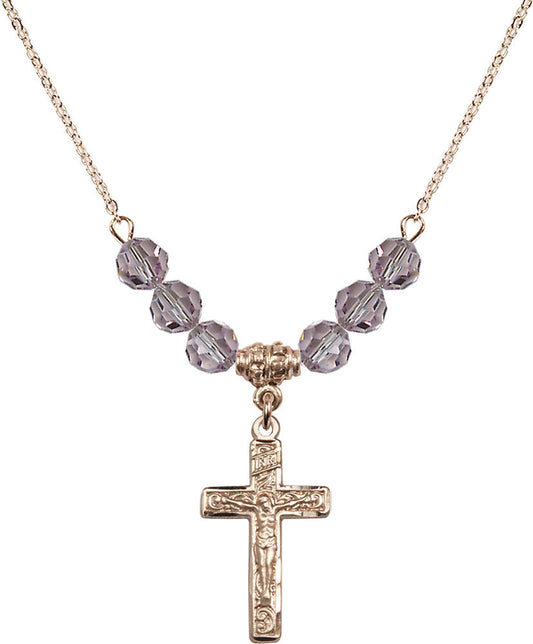 14kt Gold Filled Crucifix Birthstone Necklace with Light Amethyst Beads - 0673