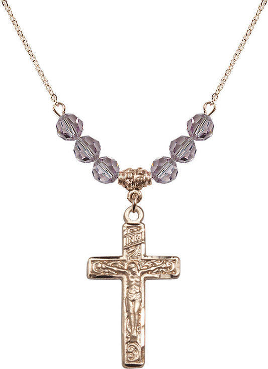 14kt Gold Filled Crucifix Birthstone Necklace with Light Amethyst Beads - 0674