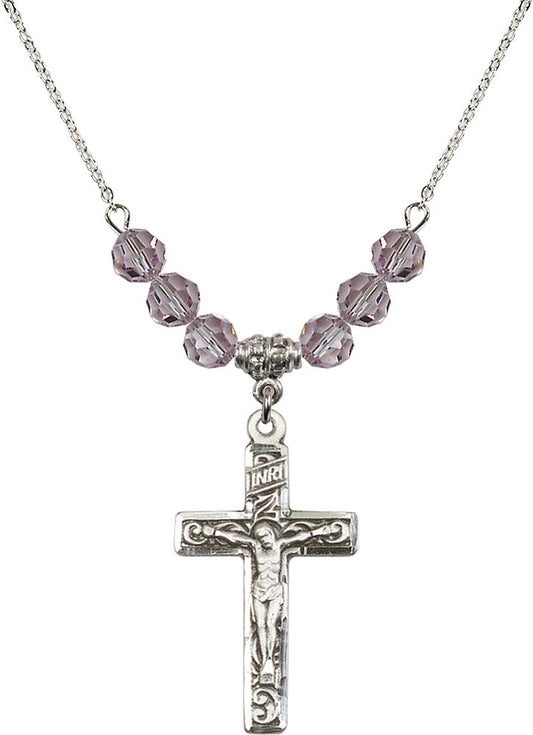 Sterling Silver Crucifix Birthstone Necklace with Light Amethyst Beads - 0674