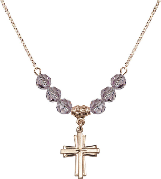 14kt Gold Filled Cross Birthstone Necklace with Light Amethyst Beads - 0675