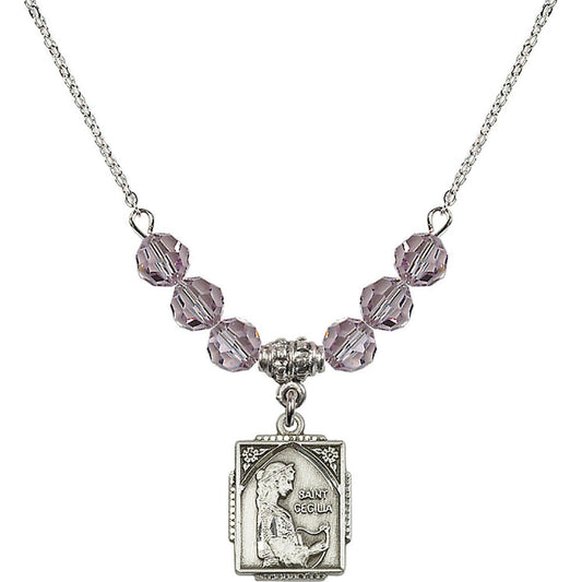 Sterling Silver Saint Cecilia Birthstone Necklace with Light Amethyst Beads - 0804