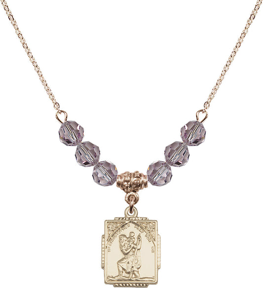14kt Gold Filled Saint Christopher Birthstone Necklace with Light Amethyst Beads - 0804