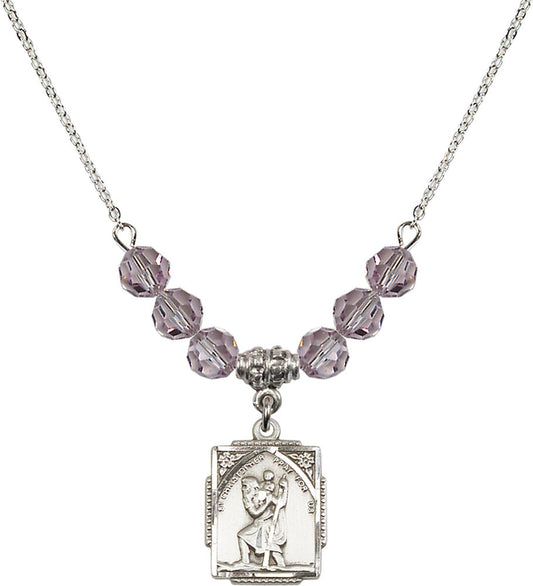 Sterling Silver Saint Christopher Birthstone Necklace with Light Amethyst Beads - 0804