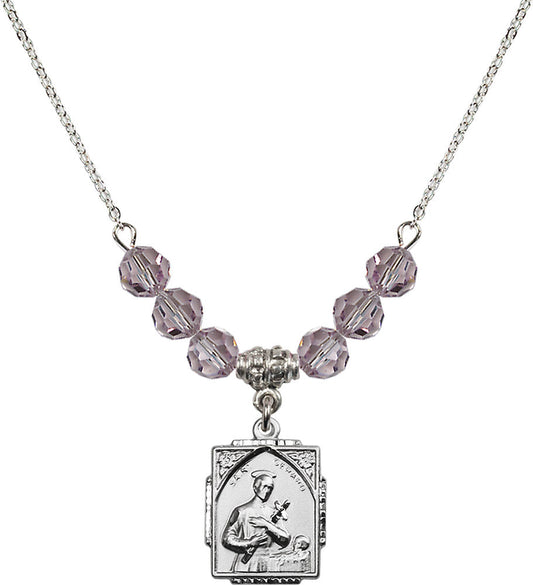 Sterling Silver Saint Gerard Birthstone Necklace with Light Amethyst Beads - 0804