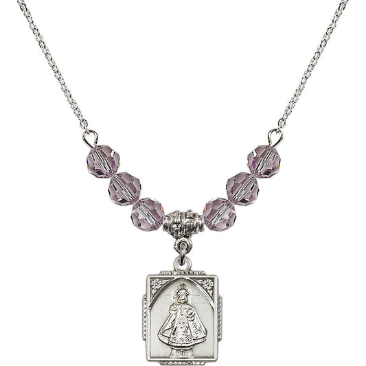 Sterling Silver Infant of Prague Birthstone Necklace with Light Amethyst Beads - 0804