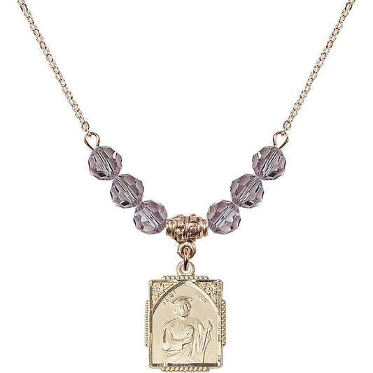 14kt Gold Filled Saint Jude Birthstone Necklace with Light Amethyst Beads - 0804