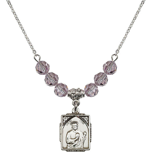 Sterling Silver Saint Jude Birthstone Necklace with Light Amethyst Beads - 0804