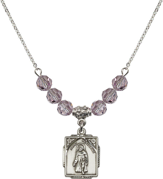 Sterling Silver Saint Peregrine Birthstone Necklace with Light Amethyst Beads - 0804