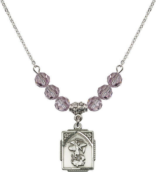 Sterling Silver Saint Michael the Archangel Birthstone Necklace with Light Amethyst Beads - 0804