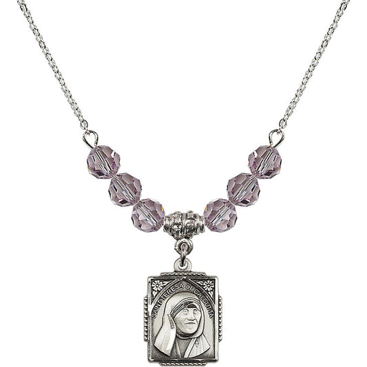 Sterling Silver Saint Teresa of Calcutta Birthstone Necklace with Light Amethyst Beads - 0804