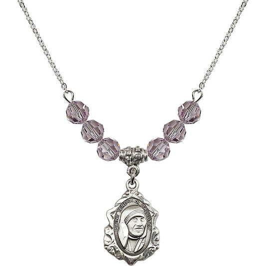 Sterling Silver Saint Teresa of Calcutta Birthstone Necklace with Light Amethyst Beads - 0812