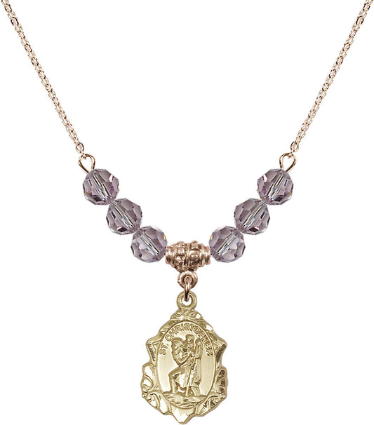 14kt Gold Filled Saint Christopher Birthstone Necklace with Light Amethyst Beads - 0822